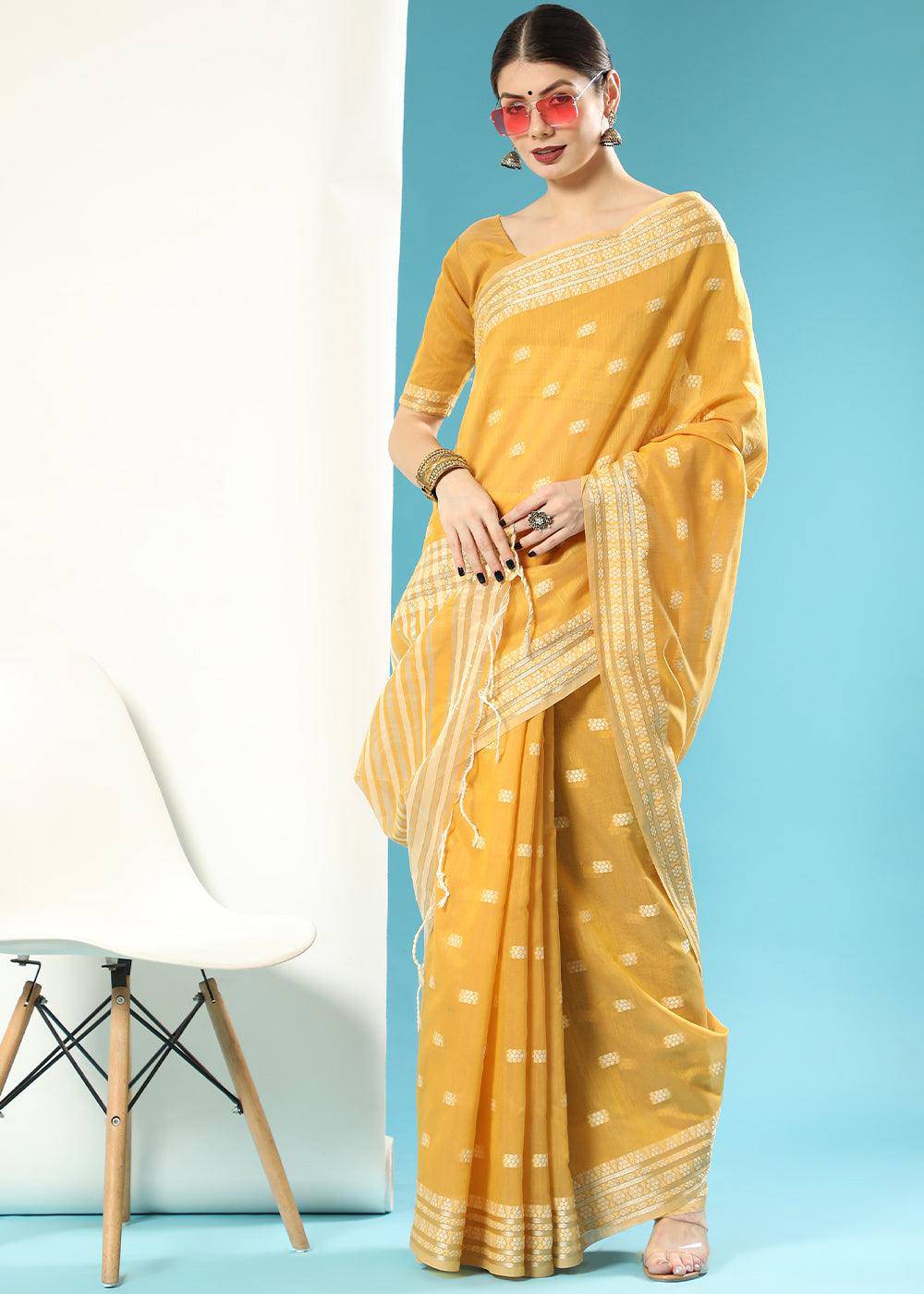 Honey Yellow Chikankari Weaving Cotton Saree | Stitched Blouse - qivii