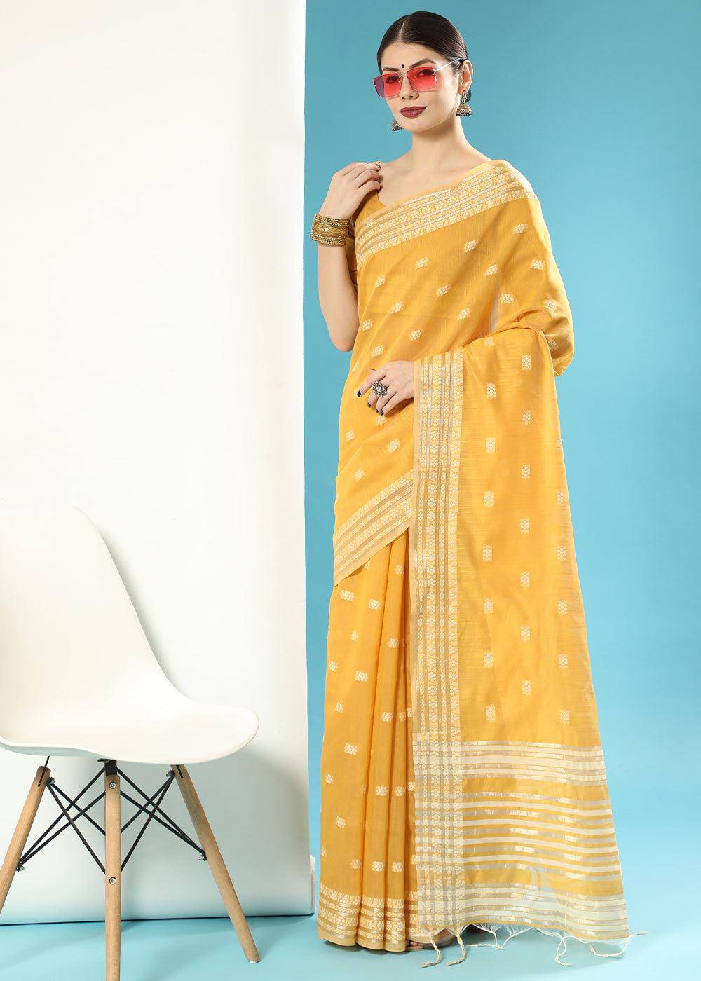 Honey Yellow Chikankari Weaving Cotton Saree | Stitched Blouse - qivii