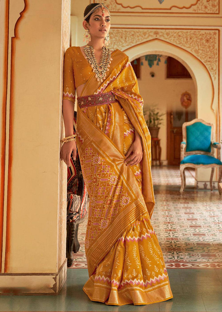 Honey Yellow Designer Printed Silk Saree | Stitched Blouse - qivii