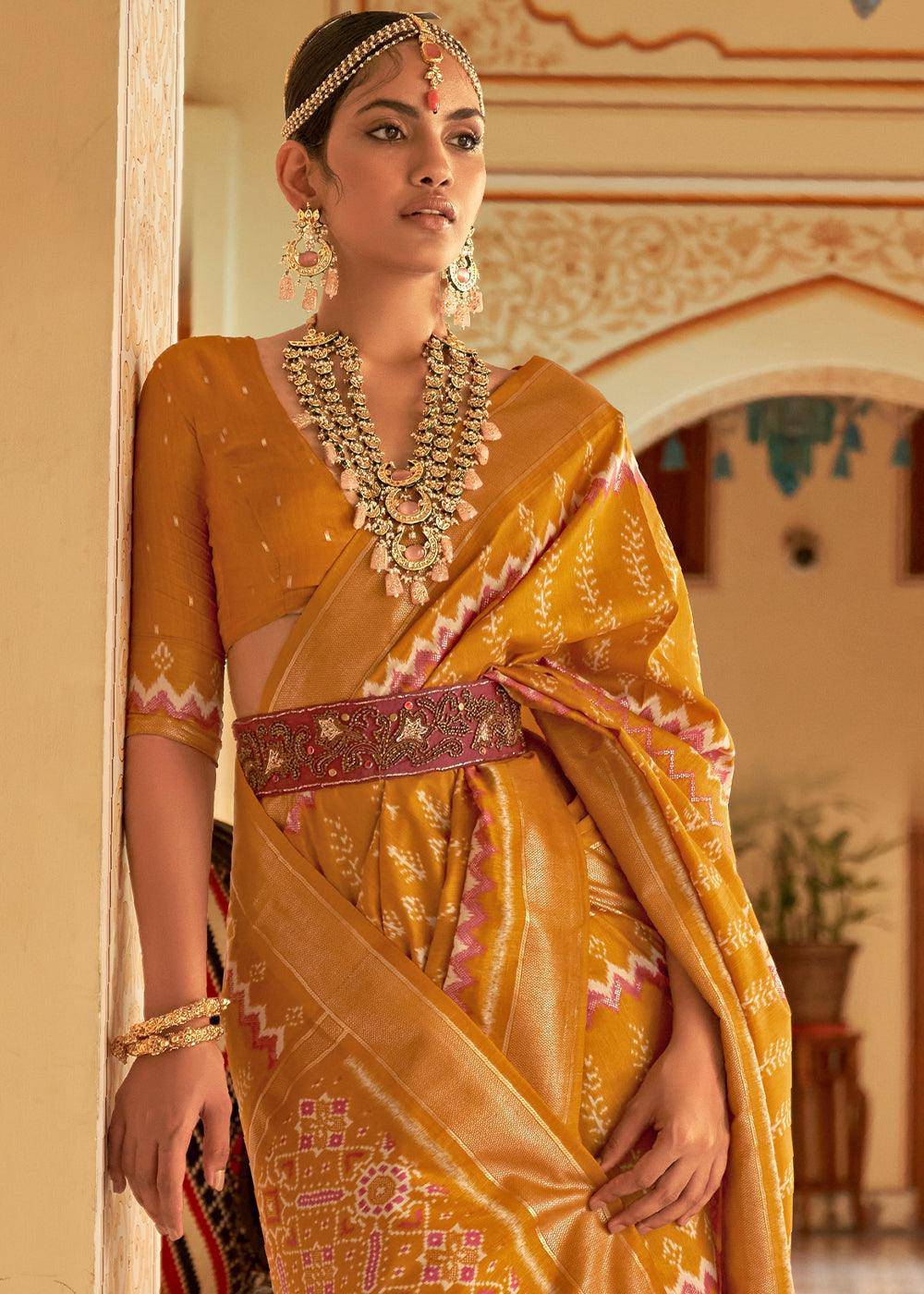 Honey Yellow Designer Printed Silk Saree | Stitched Blouse - qivii