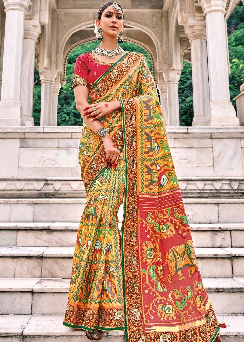 Honey Yellow Patan Patola Silk Saree with Embroidered Blouse | Stitched Blouse - qivii