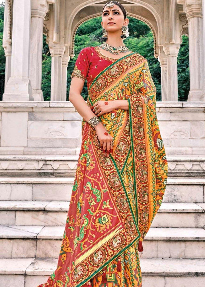 Honey Yellow Patan Patola Silk Saree with Embroidered Blouse | Stitched Blouse - qivii