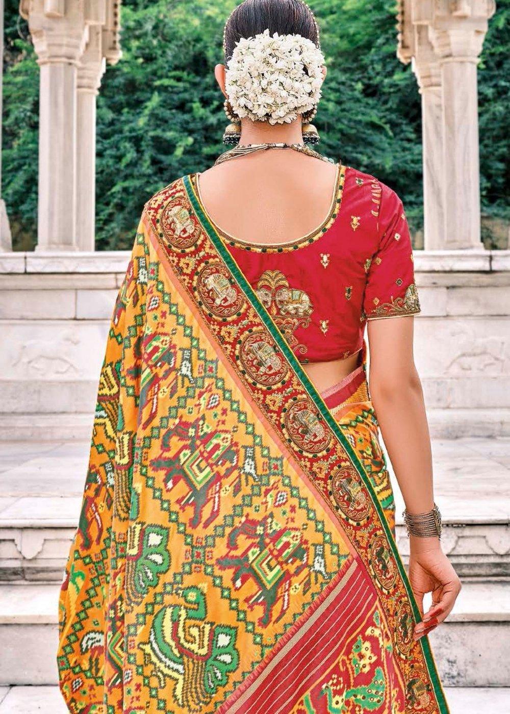 Honey Yellow Patan Patola Silk Saree with Embroidered Blouse | Stitched Blouse - qivii