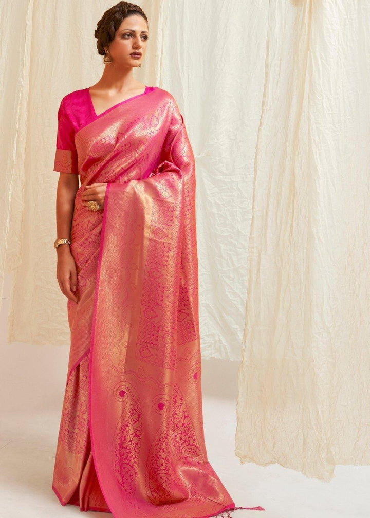 Hot Pink & Golden Blend Kanjivaram Silk Saree | Stitched Blouse - qivii