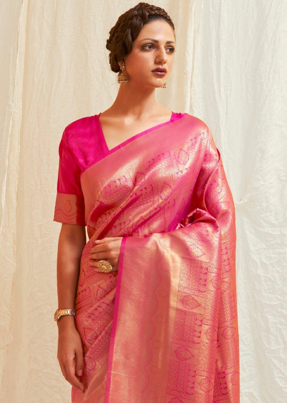 Hot Pink & Golden Blend Kanjivaram Silk Saree | Stitched Blouse - qivii