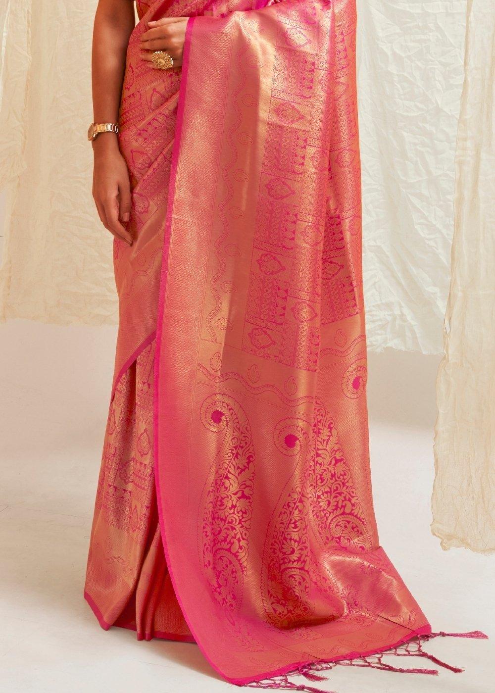 Hot Pink & Golden Blend Kanjivaram Silk Saree | Stitched Blouse - qivii