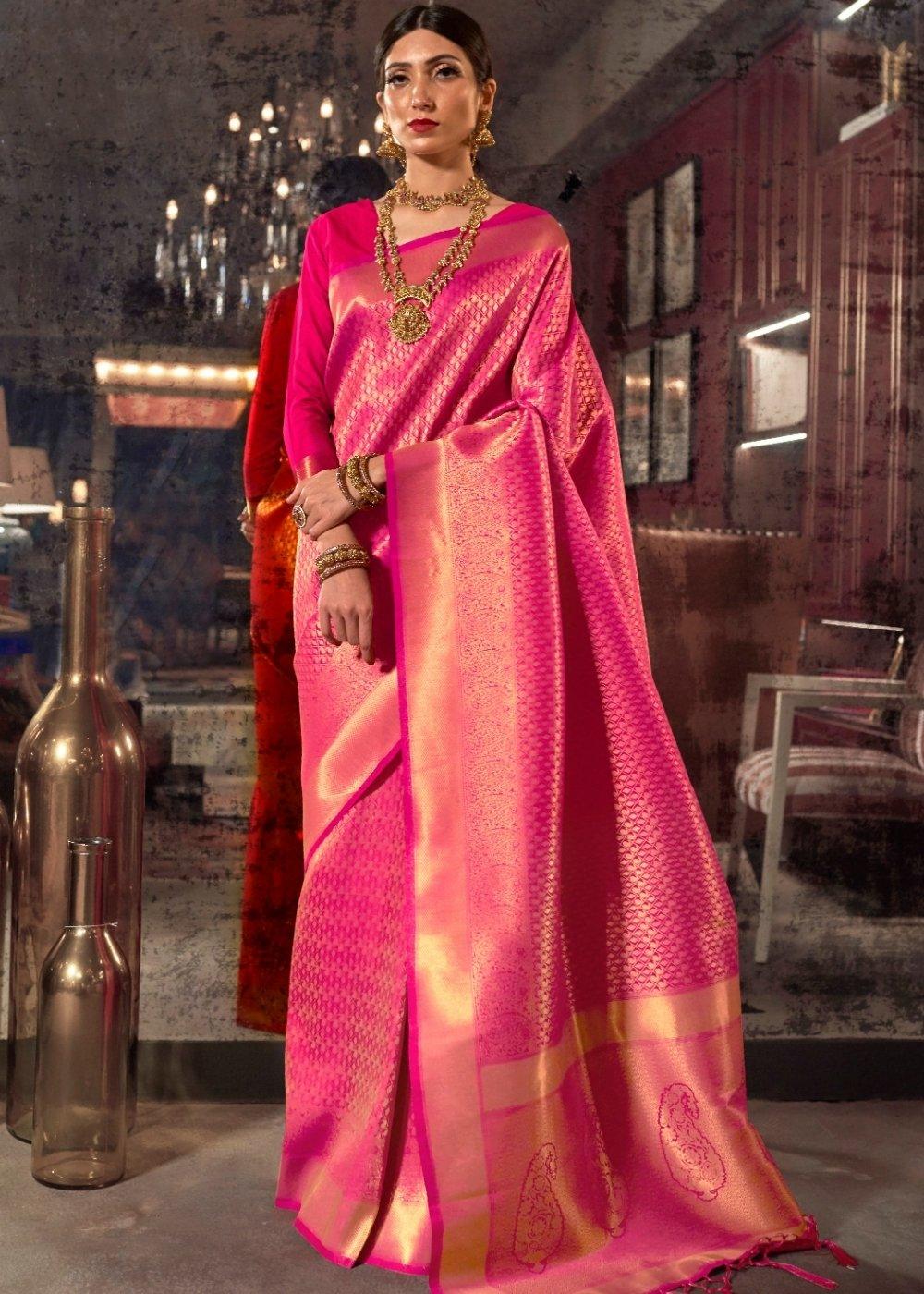 Hot Pink and Golden Blend Kanjivaram Soft Woven Silk Saree | Stitched Blouse - qivii