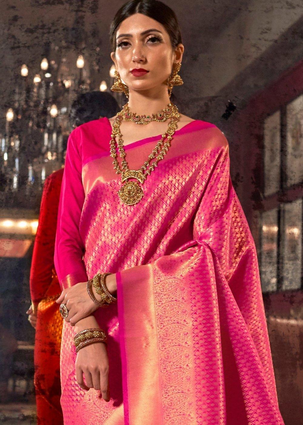 Hot Pink and Golden Blend Kanjivaram Soft Woven Silk Saree | Stitched Blouse - qivii