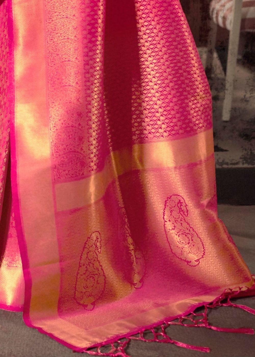 Hot Pink and Golden Blend Kanjivaram Soft Woven Silk Saree | Stitched Blouse - qivii