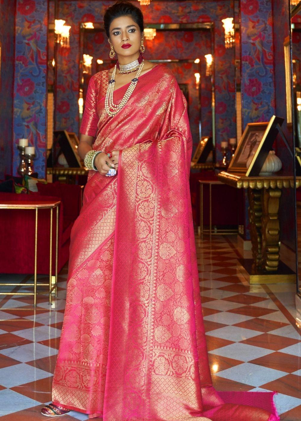 Hot Pink and Golden Blend Woven Kanjivaram Soft Silk Saree | Stitched Blouse - qivii