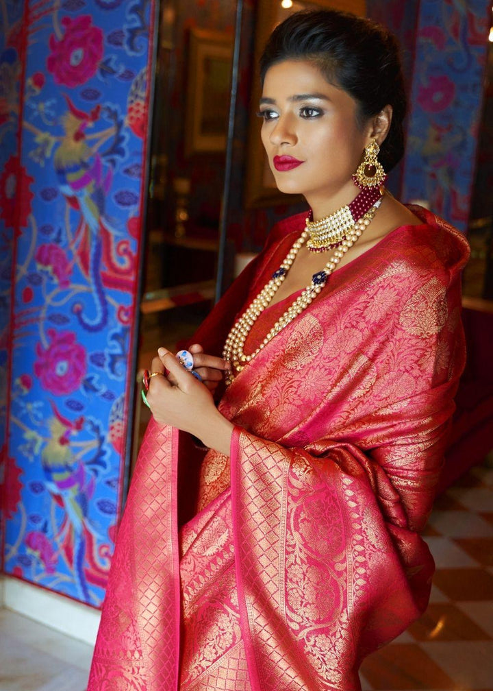 Hot Pink and Golden Blend Woven Kanjivaram Soft Silk Saree | Stitched Blouse - qivii