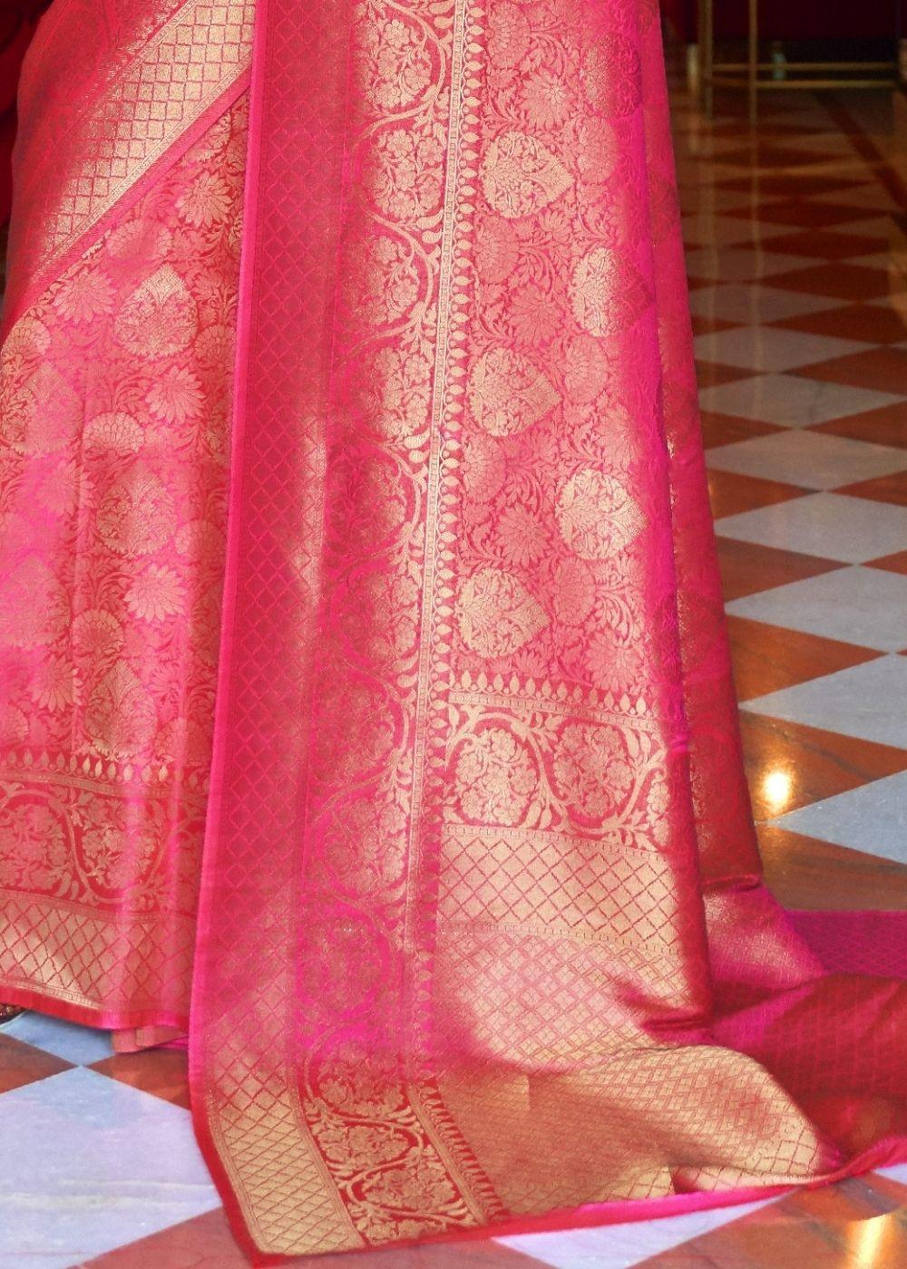 Hot Pink and Golden Blend Woven Kanjivaram Soft Silk Saree | Stitched Blouse - qivii