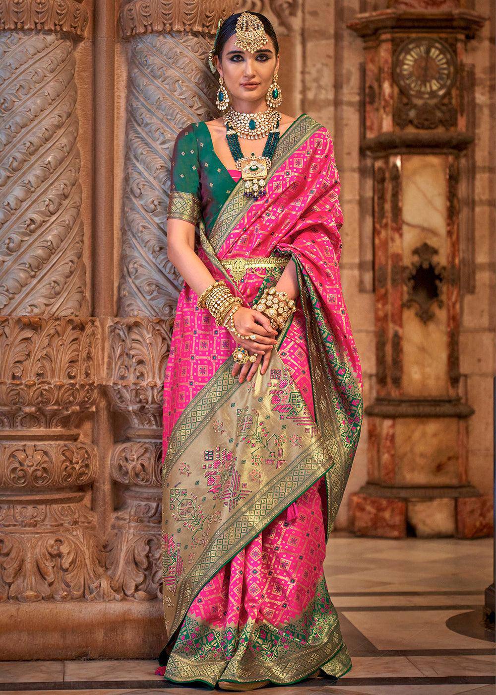 Hot Pink Banarasi Jacquard Silk Saree with Swarvoski work | Stitched Blouse - qivii