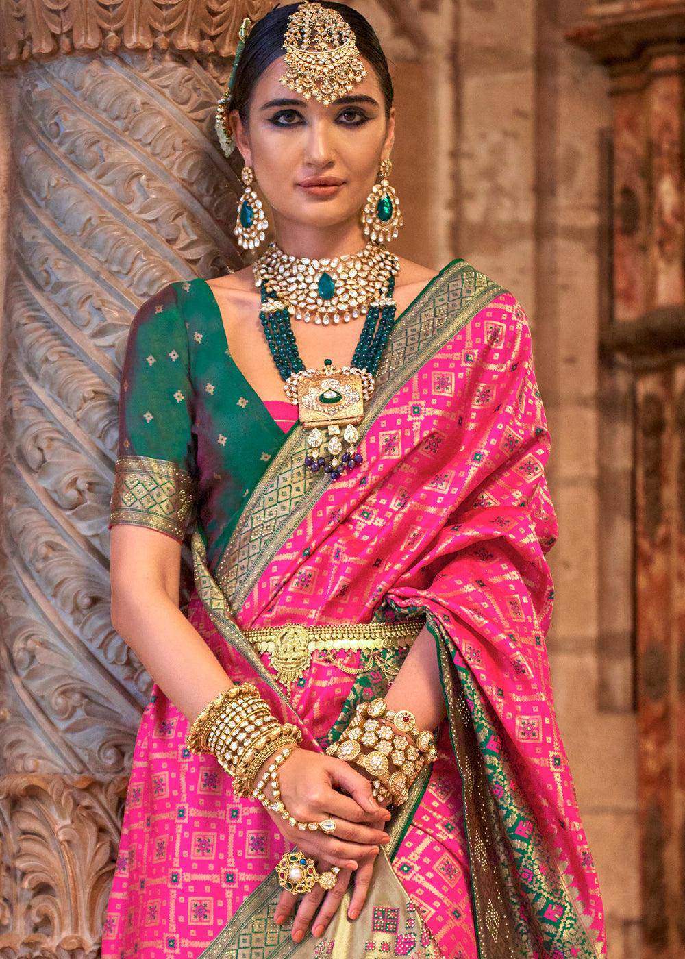 Hot Pink Banarasi Jacquard Silk Saree with Swarvoski work | Stitched Blouse - qivii