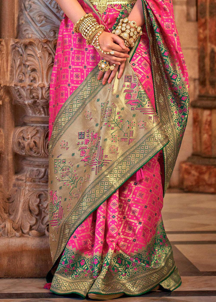 Hot Pink Banarasi Jacquard Silk Saree with Swarvoski work | Stitched Blouse - qivii