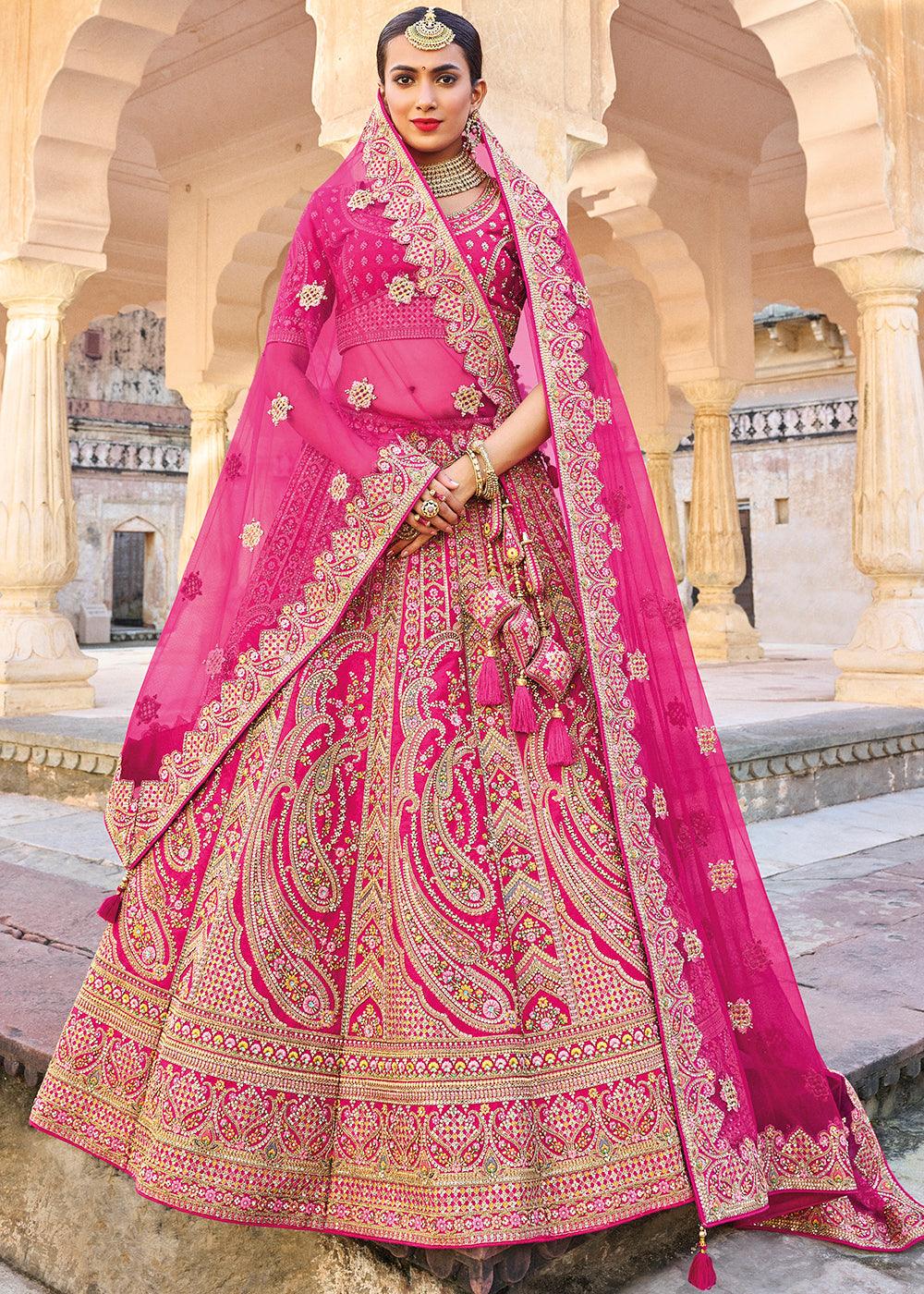 Hot Pink Banarasi Silk Lehenga Choli with Heavy Embroidery Work - qivii