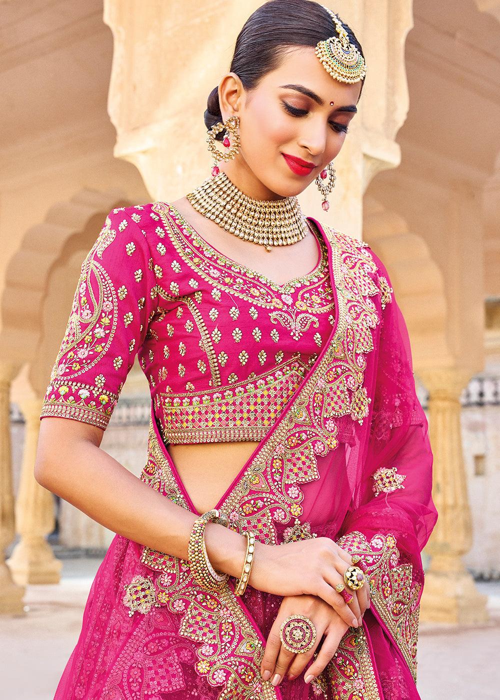 Hot Pink Banarasi Silk Lehenga Choli with Heavy Embroidery Work - qivii