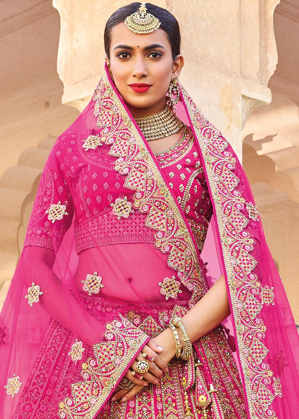 Hot Pink Banarasi Silk Lehenga Choli with Heavy Embroidery Work - qivii