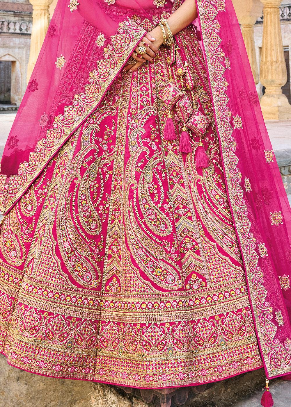 Hot Pink Banarasi Silk Lehenga Choli with Heavy Embroidery Work - qivii