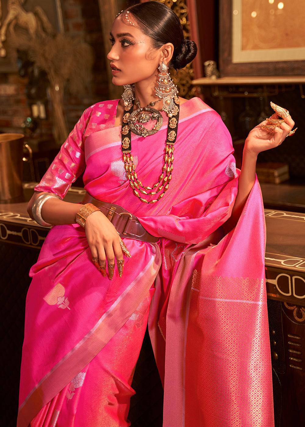 Hot Pink Copper Zari Woven Designer Silk Saree | Stitched Blouse - qivii