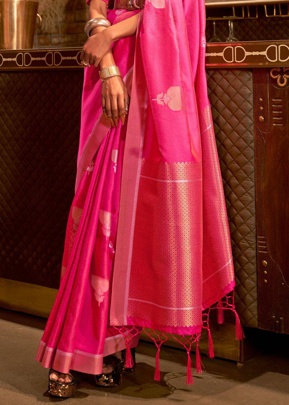 Hot Pink Copper Zari Woven Designer Silk Saree | Stitched Blouse - qivii