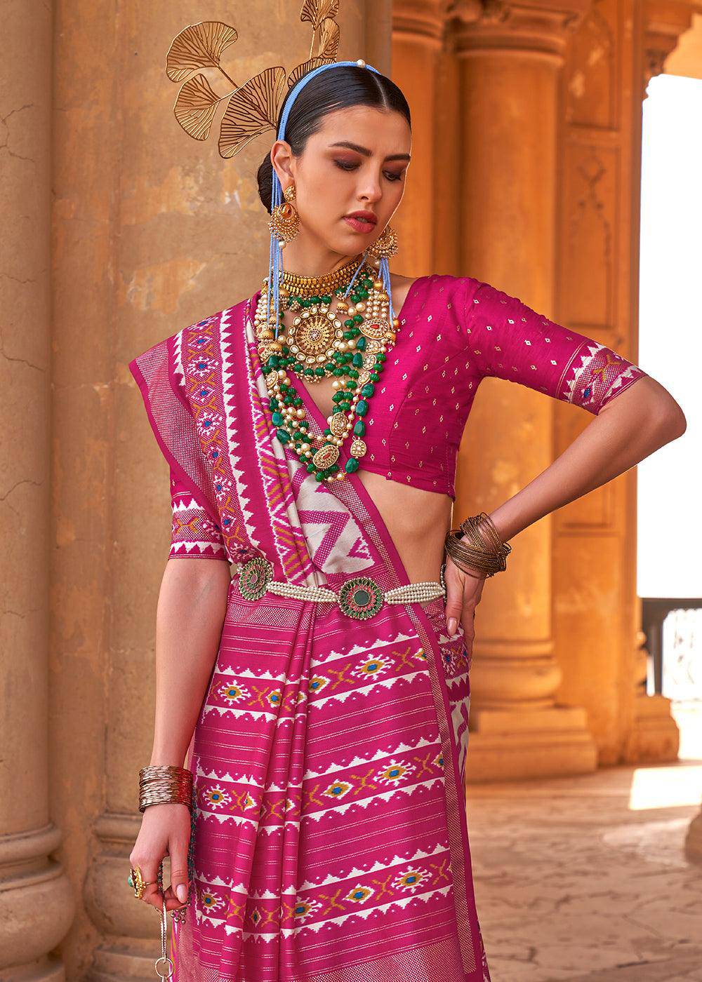 Hot Pink Designer Printed Silk Saree | Stitched Blouse - qivii