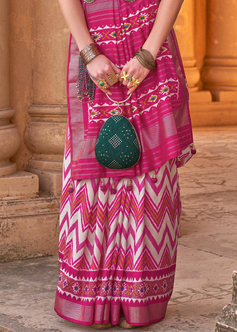 Hot Pink Designer Printed Silk Saree | Stitched Blouse - qivii