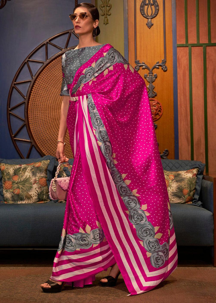 Hot Pink Designer Satin Crepe Printed Saree | Stitched Blouse - qivii