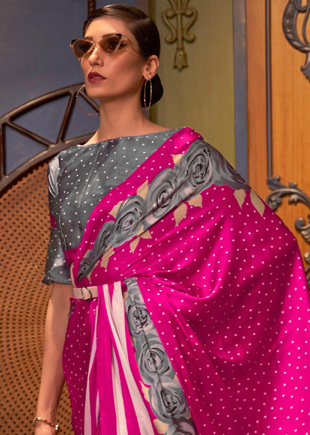 Hot Pink Designer Satin Crepe Printed Saree | Stitched Blouse - qivii