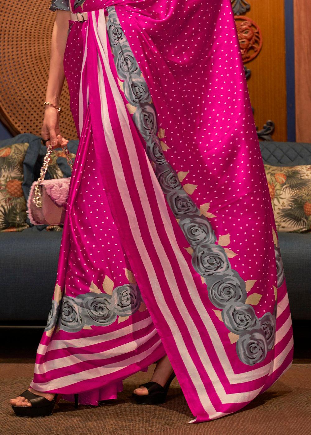 Hot Pink Designer Satin Crepe Printed Saree | Stitched Blouse - qivii