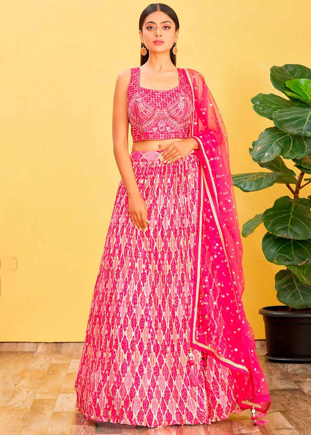 Hot Pink Digital Printed Chinnon Lehenga with Thread,Zari & Sequins Work - qivii