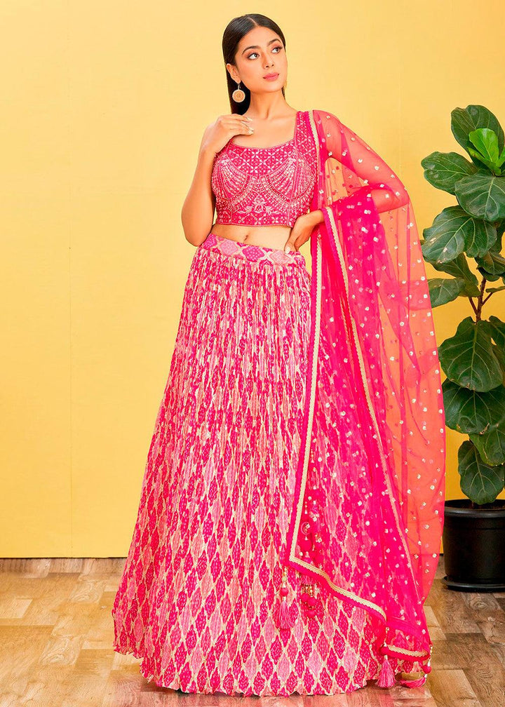 Hot Pink Digital Printed Chinnon Lehenga with Thread,Zari & Sequins Work - qivii