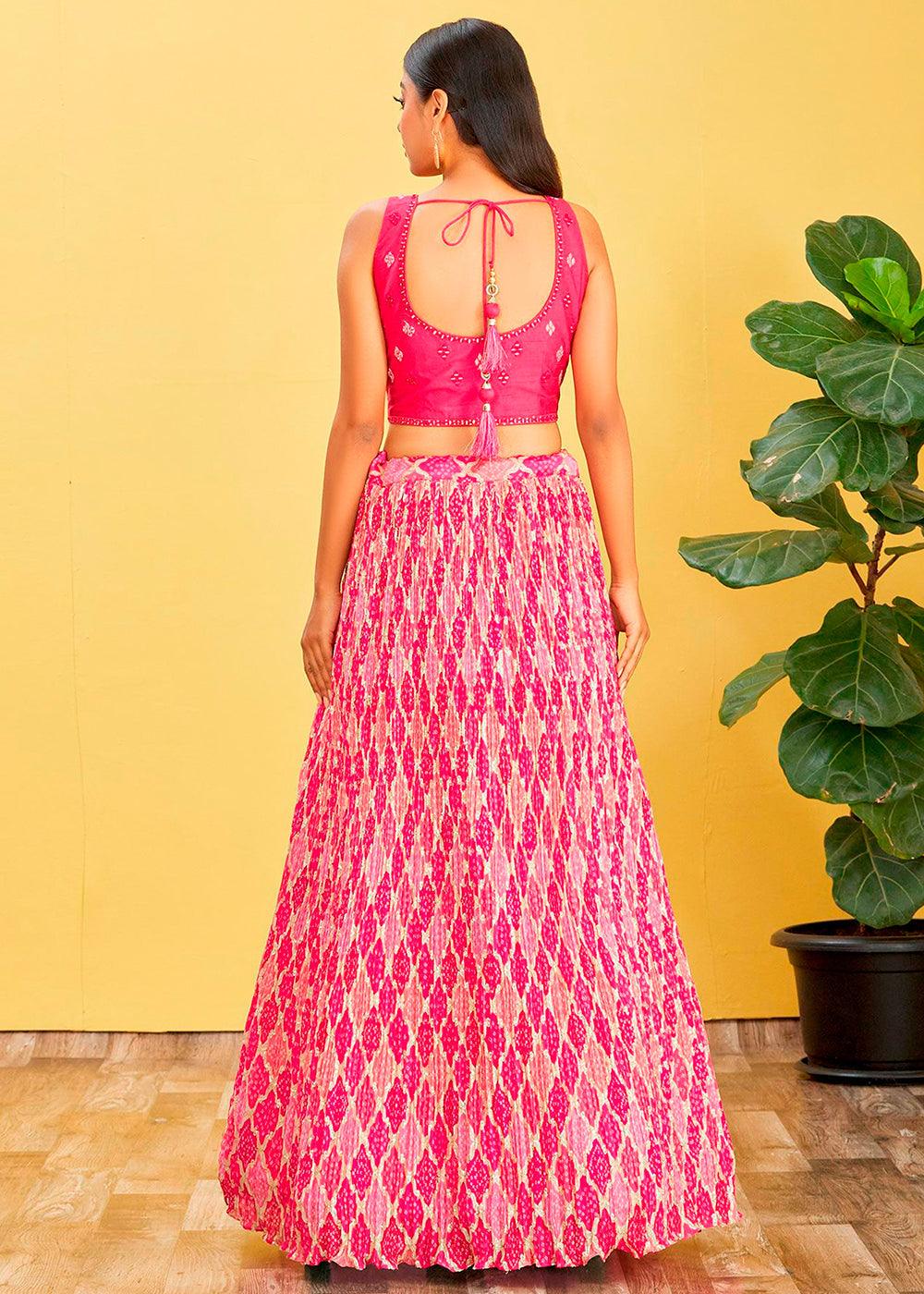 Hot Pink Digital Printed Chinnon Lehenga with Thread,Zari & Sequins Work - qivii