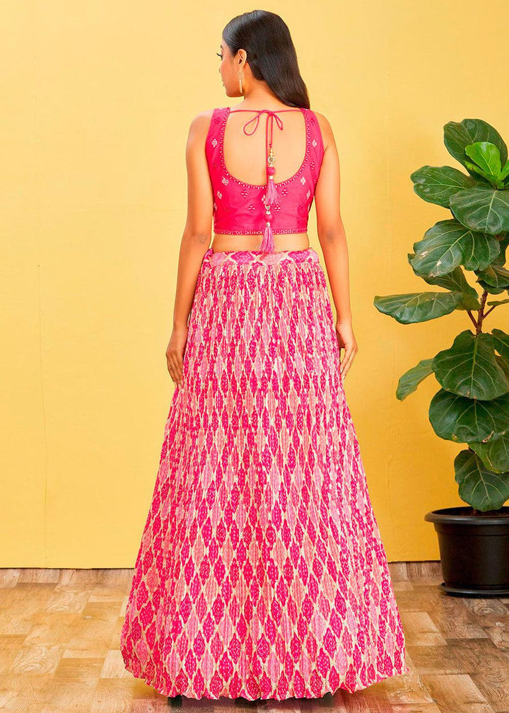 Hot Pink Digital Printed Chinnon Lehenga with Thread,Zari & Sequins Work - qivii