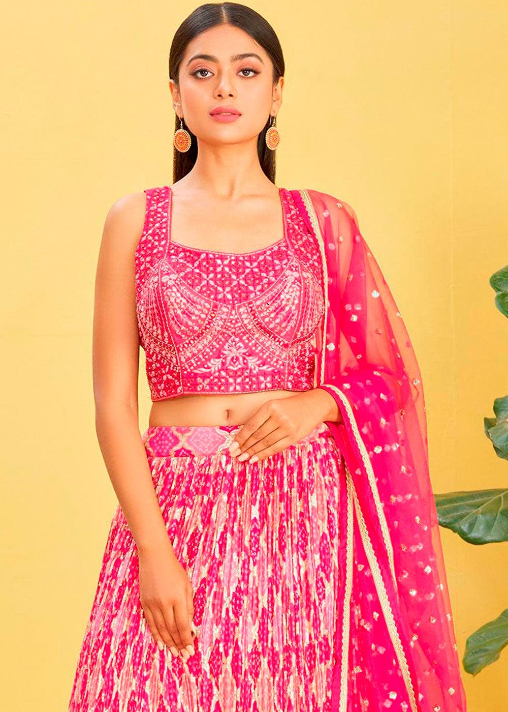 Hot Pink Digital Printed Chinnon Lehenga with Thread,Zari & Sequins Work - qivii