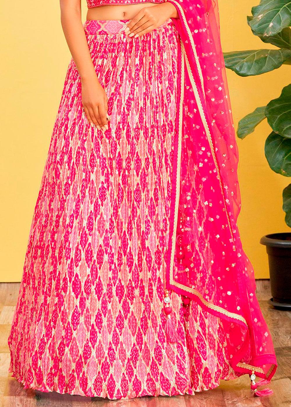 Hot Pink Digital Printed Chinnon Lehenga with Thread,Zari & Sequins Work - qivii