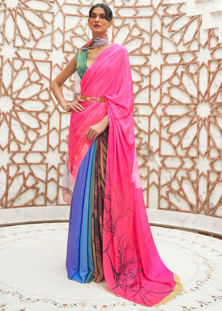 Hot Pink Digital Printed Crepe Silk Saree | Stitched Blouse - qivii