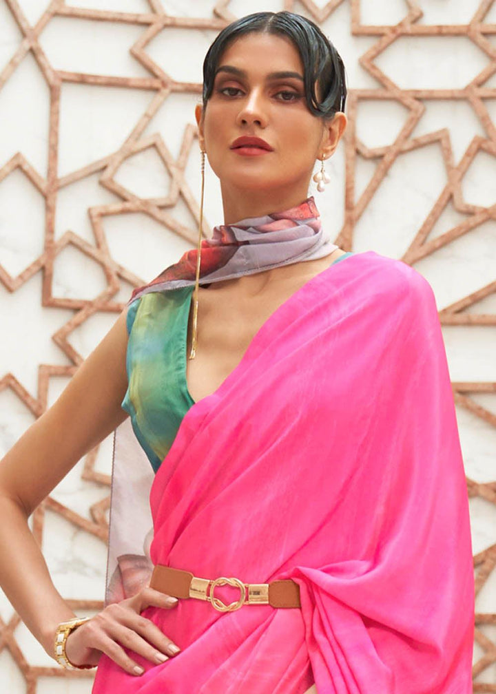 Hot Pink Digital Printed Crepe Silk Saree | Stitched Blouse - qivii