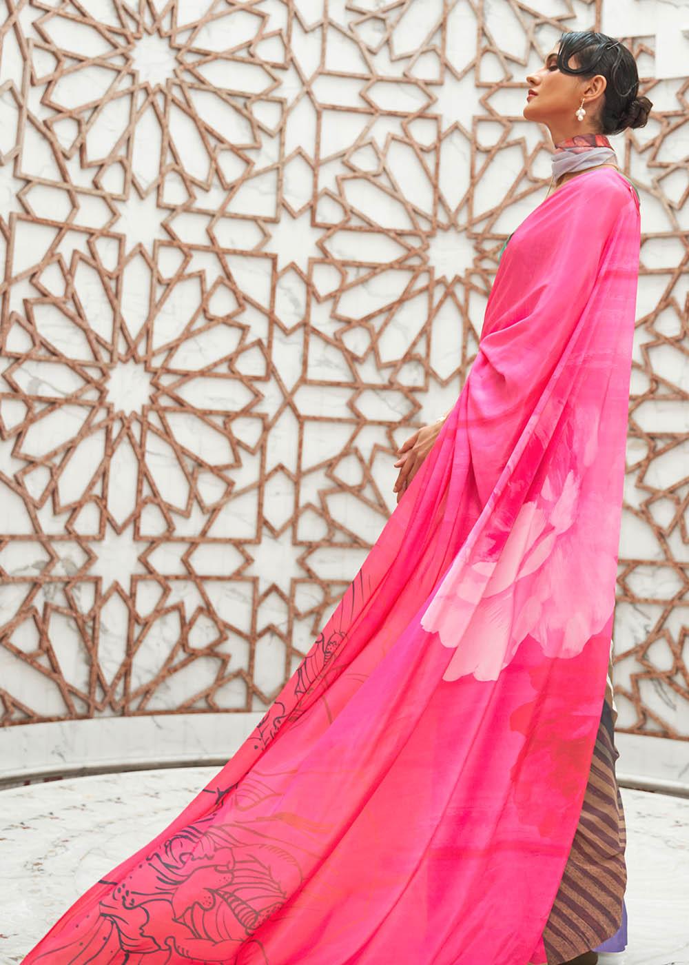 Hot Pink Digital Printed Crepe Silk Saree | Stitched Blouse - qivii