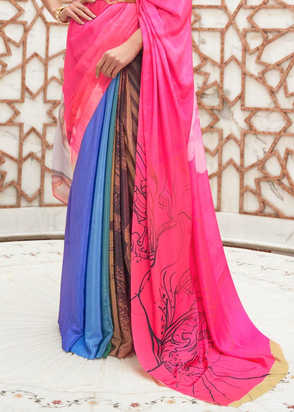 Hot Pink Digital Printed Crepe Silk Saree | Stitched Blouse - qivii