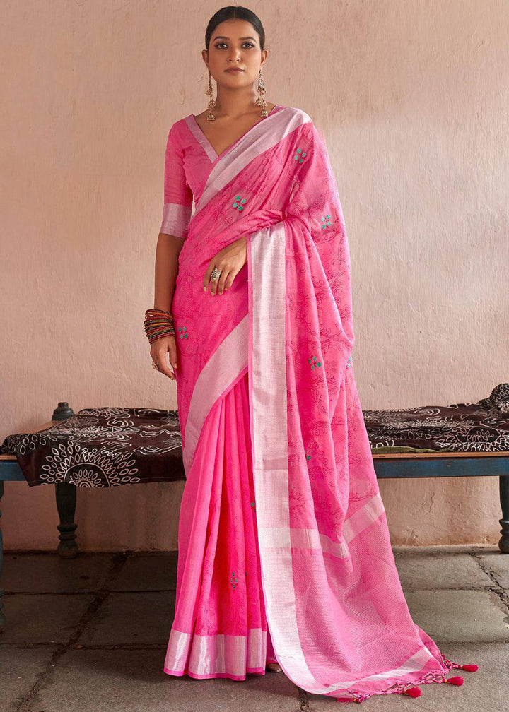 Hot Pink Floral Embroidered Linen Saree | Stitched Blouse - qivii