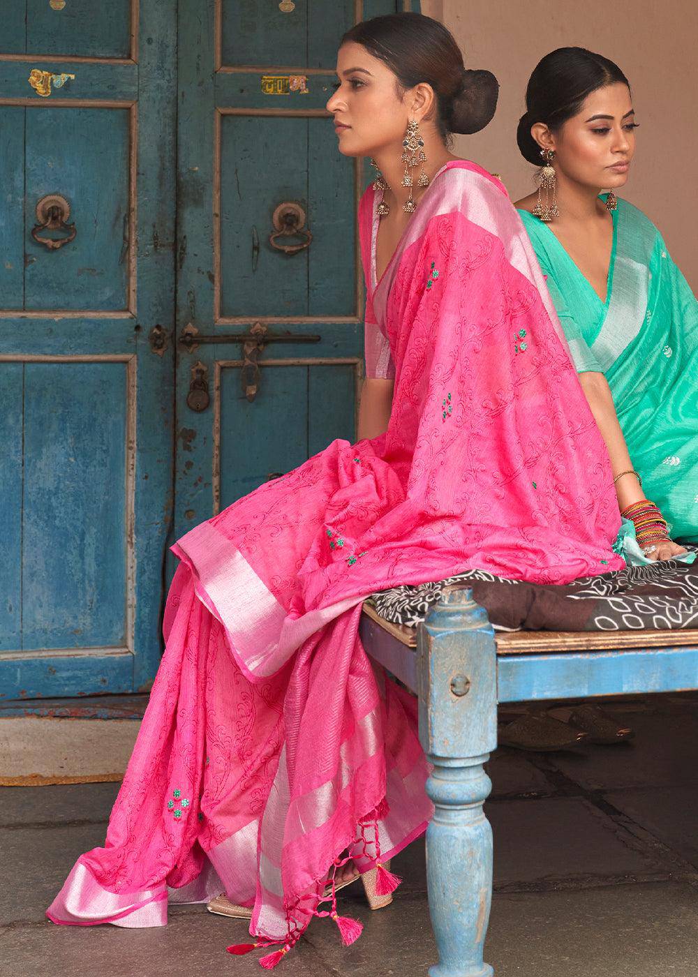 Hot Pink Floral Embroidered Linen Saree | Stitched Blouse - qivii