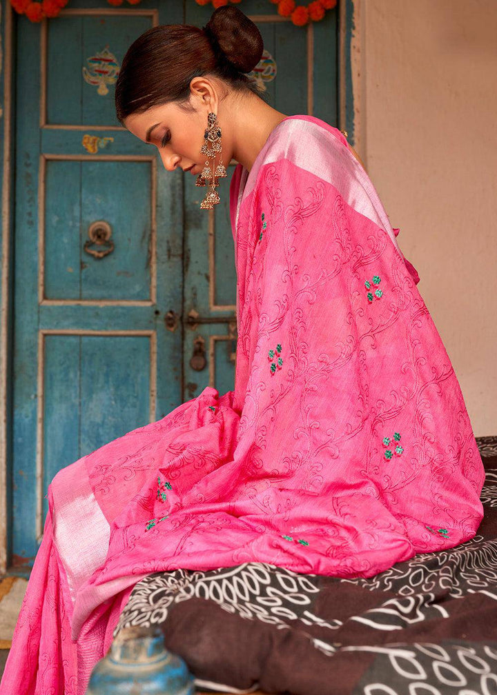 Hot Pink Floral Embroidered Linen Saree | Stitched Blouse - qivii