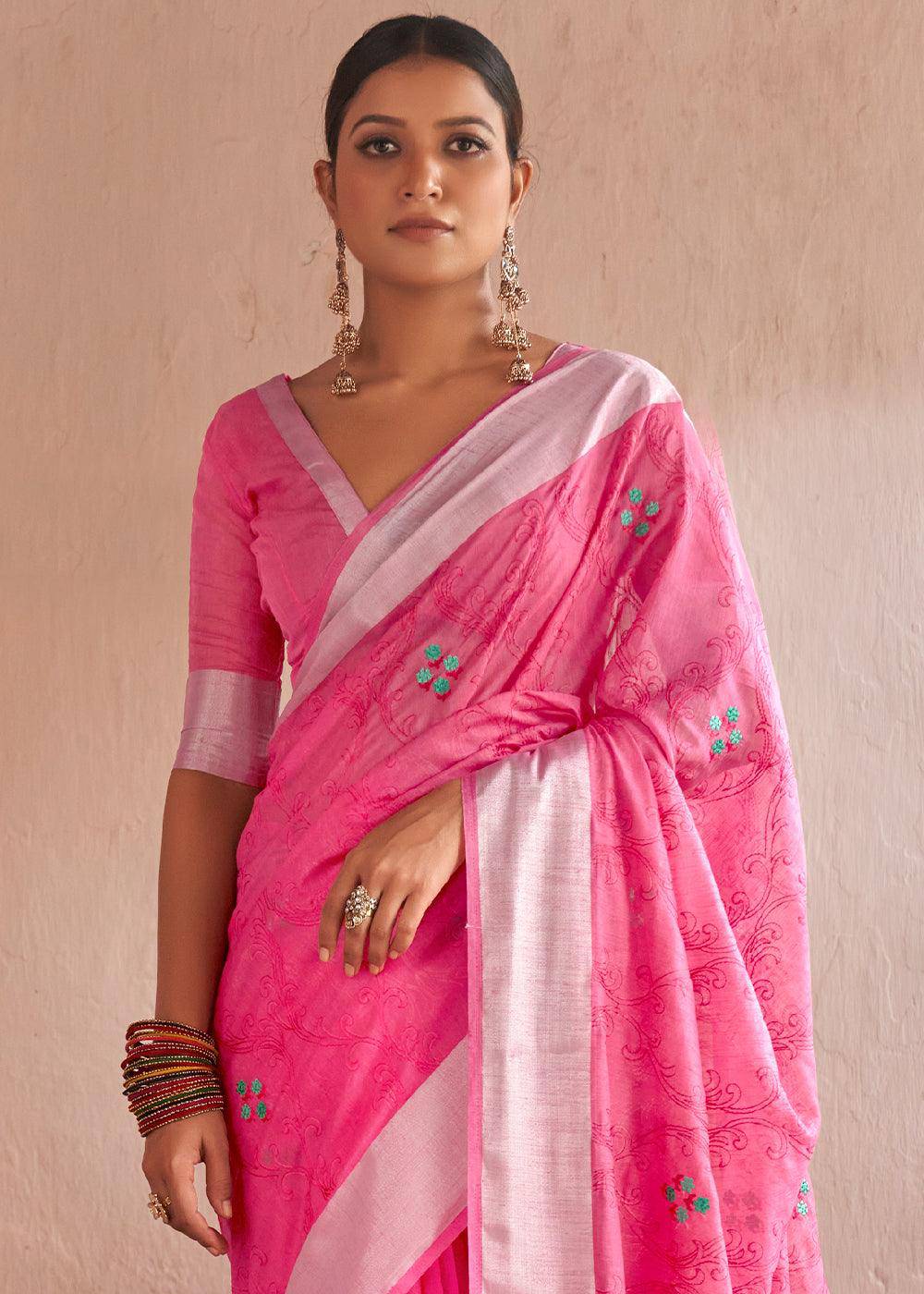 Hot Pink Floral Embroidered Linen Saree | Stitched Blouse - qivii