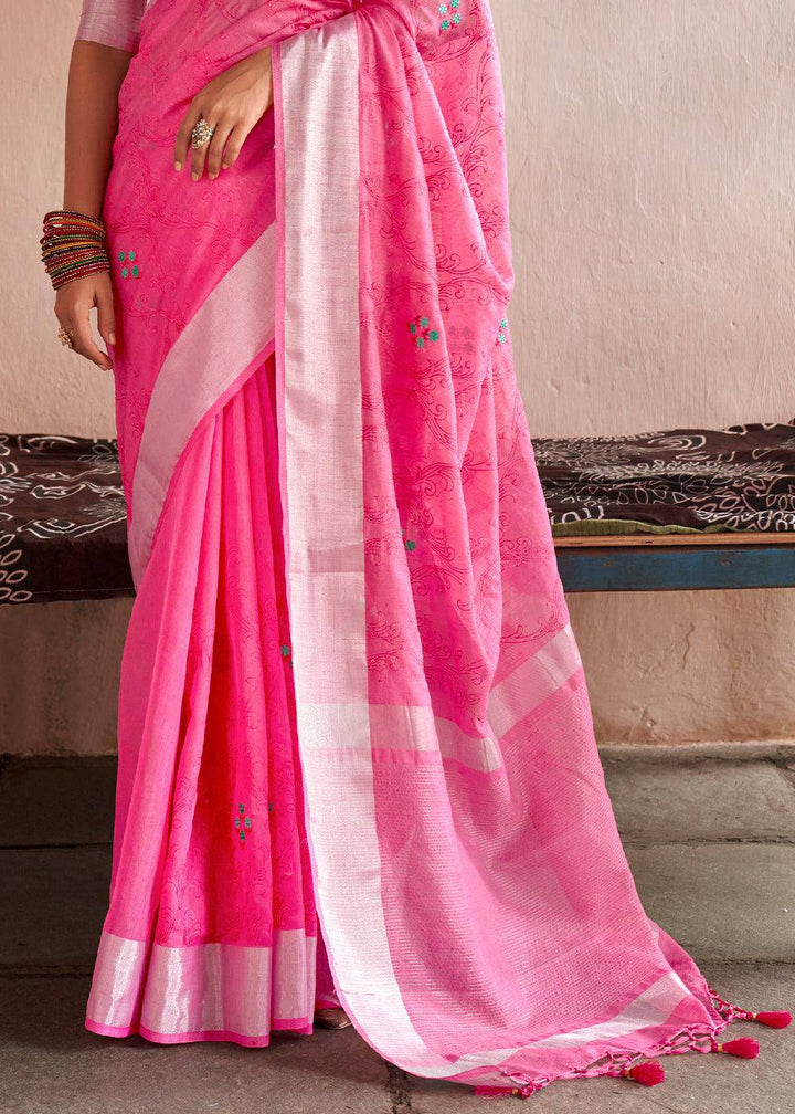 Hot Pink Floral Embroidered Linen Saree | Stitched Blouse - qivii