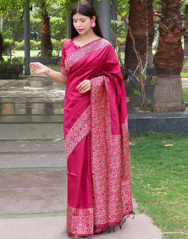 Hot Pink Handloom Raw Silk Saree | Stitched Blouse - qivii