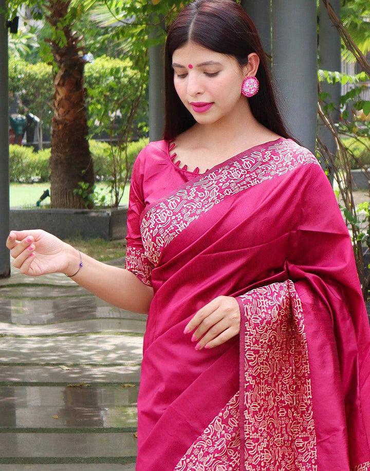 Hot Pink Handloom Raw Silk Saree | Stitched Blouse - qivii