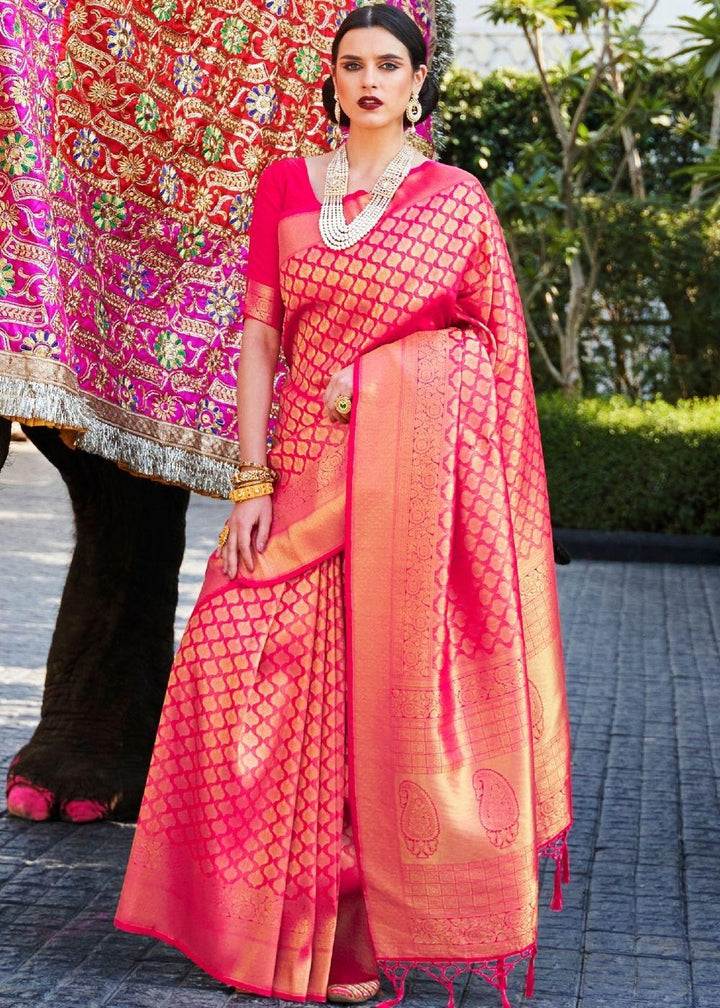 Hot Pink Handloom Weave Kanjivaram Silk Saree | Stitched Blouse - qivii