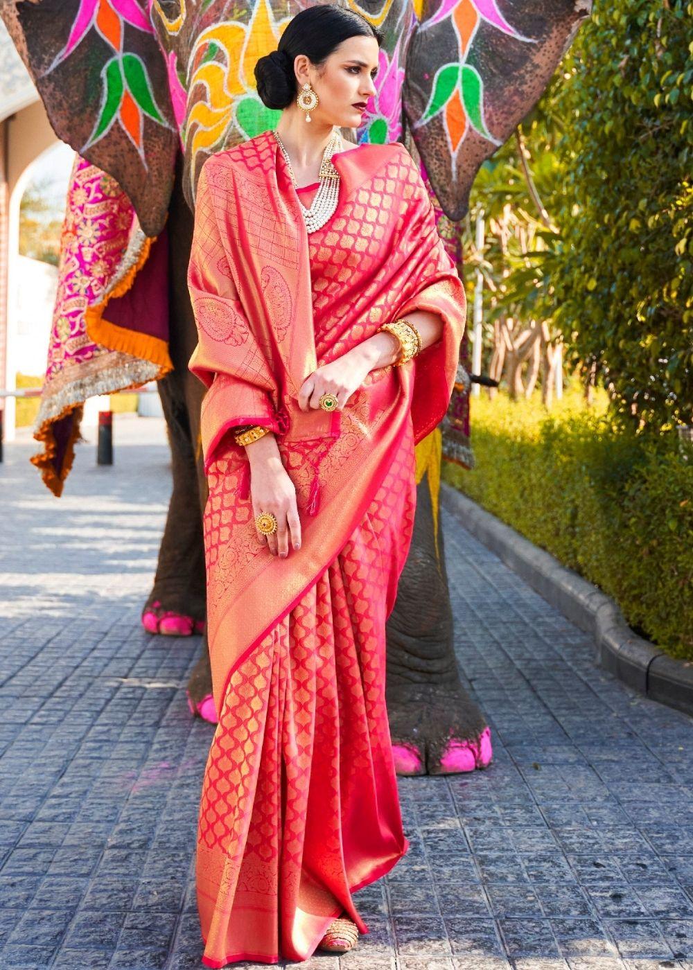 Hot Pink Handloom Weave Kanjivaram Silk Saree | Stitched Blouse - qivii