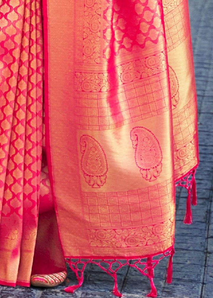 Hot Pink Handloom Weave Kanjivaram Silk Saree | Stitched Blouse - qivii